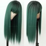 Maycaur Green Synthetic Hair Wigs with Full Bangs Black Green Ombre Color Long Straight Women's Costume Wigs Heat Resistant Synthetic No Lace Front Wigs for Fashion Women