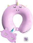 urnexttour Neck Travel Pillow for Kids, Unicorn Airplane Memory Foam Pillow with Cute Sleep Mask & Earplugs, Lightweight Travelling Sleeping Pillow Set for Car, Train, Bus and Home Use (Purple)