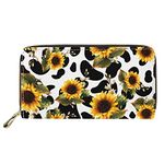 doginthehole American Bulldog Women Wallet Zip Around Clutch Ladies Travel Coin Purse, Cow Print Sunflower, One Size