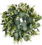 HAOSHCIS Artificial Eucalyptus Wreath with Flowers Faux Green Leaves Eucalyptus Wreath for Front Door Wall Festival Celebration Fireplace Window Party Decor (A)