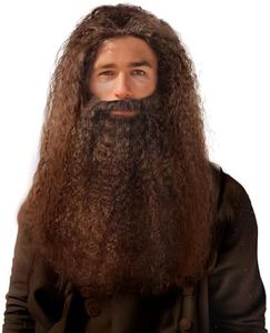 JEGERMIG Brown Wizard Curly Wig and Beard Christmas Funny Cosplay Santa Claus Costume Accessory for Adults
