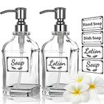 ACCL Versatile Glass Soap, 12 Oz Dripless Stainless Steel Pump Bottle, Refillable Liquid Hand Jar Dispenser for Bathroom, Countertop, Kitchen with 8 Waterproof Labels-2 Pack