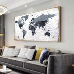 Framed Black Map of the World Map Wall Art Poster Framed Canvas Wall Art Artwork Bedroom Decor Large Painting Office Decorations for Work Wall Pictures for Living Room Abstract Grey Wall Art Antique 75*150CM