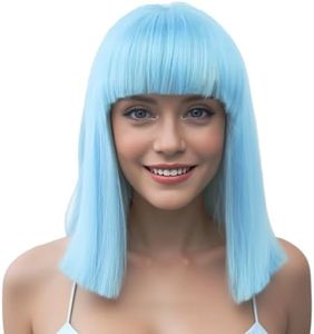 IMISSU Short Natural Cut Hair Cosplay Wig with Straight Bangs Halloween Costume Party Bob Wigs for Women (Sky Blue)