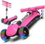 Elecorange 3 Wheel Electric Scooter for Kids, Long Range, Extra Wide Flashing Deck & Wheels, Electric Scooter for Kids Ages 6-12, Adjustable Handlebar, Folding Lightweight Kick Scooter for Girls, Pink