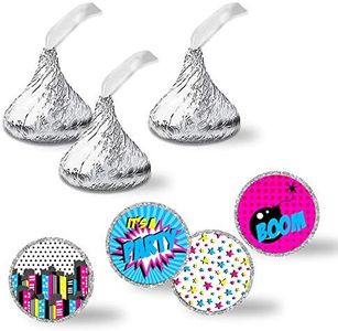 Super Hero Comic Book Birthday Party Kiss Sticker Labels for Girls, 300 Party Circle Sticker Sized 0.75” for Chocolate Drop Kisses Great for Party Favors, Envelope Seals & Goodie Bags