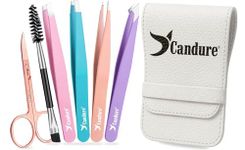 Candure Tweezers for Eyebrows Professional Slanted and Pointed Stainless Steel Tweezer Set, Eyebrow Brush and Scissors for Ingrown Hair, Facial Hair, Eyelash Extension & Splinter 6Pcs