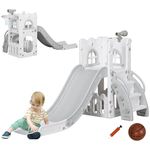 Qaba Toddler Slide, 4 in 1 Slide for Kids Aged 1-3 Years with Basketball Hoop, Climber, Telescope, Storage Basket, for Indoor Use, Grey