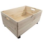 Extra Large Stacking Wooden Storage Open Box Crate with Wheels & Handles | 59.5 x 39.5 x 28.5 cm | Unpainted Plain Decorative Pine | Rectangular Non-lidded Trunk Display Container Toy Box
