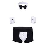 Kaerm 3Pcs Mens Waiter Tuxedo Suit Cosplay Costumes Boxers Shorts with Bow Tie Collar and Bracelets Black&White L