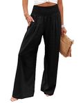 KISSMODA Wide Legged Trousers with Pockets for Ladies High Waist Stretchy Pants for Tummy Control A-Black