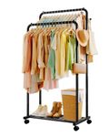 Sakugi Clothes Rail - Double-Rod Rustproof Clothes Rack with Anti-Slip Stoppers, Shoes Shelf and Hooks, Multifunctional Hanging Rack for Laundry, Entryway, Bedroom, Shop, 73 x 42 x 150 cm, Black