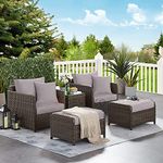 DEVOKO Outdoor Patio Furniture, All Weather Wicker Rattan Conversation Set With Cushioned Chairs, Ottomans, Glass Side Table For Lawn, Pool, Balcony (Dark Brown & Grey), 63.5 CM, 23 Inch, 81.3 Cm