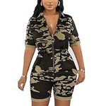 Jumpsuits for Women High Waist Camo zipper Down Rompers One Piece Jumpsuit Women's Short Sleeve Playsuits Camouflage