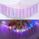 MHJY Toy Hammock Stuffed Animals Storage Net Soft Cuddly Toys Large Corner Hanging Net With LED Light Hand Woven Plush Macrame Organizer with Tassel for Kids Bedroom Nursery