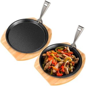 Mimorou 2 Set Cast Iron Fajita Plate Set with Wooden Base Anti Scald Protection Removable Handle Fajita Plate Sizzling Pan Cast Iron Skillets Set for Home Restaurant Kitchen BBQ Cooking (8.7 Inch)