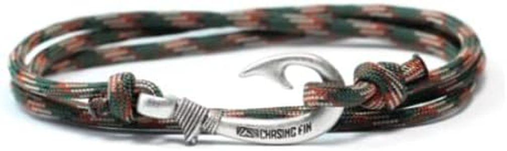 Chasing Fin Fish Hook Pendant Bracelet - Cool 30-Inch Military-Grade 550 Paracord Bracelet & Anklet - Adjustable Size, 100% Nylon Nautical & Fishing Accessory - J-Hook Pendant, Pewter - Woodland Camo,