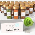 Livabl Bamboo Spice Jars with lids and Labels (120ml 12 pack) Glass Storage Jars with Bamboo Lids, 80 Minimalist Waterproof Spice Jar Labels- Airtight Herbs and Spices Containers for Kitchen