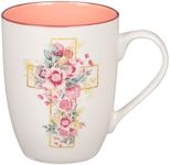 Christian Art Gifts Encouraging Ceramic Coffee & Tea Mug for Women: Rosy Pink Floral Cross, Microwave & Dishwasher Safe Cup, Cute Lead-free Inspirational Encouraging Novelty Drinkware, White, 12 oz.