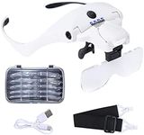 YOCTOSUN Magnifying Glasses with 4 LED Lights, Headband Magnifier with 5 Detachable Lenses 1X, 1.5X, 2X, 2.5X 3.5X -Rechargeable Hands Free Lighted Head Magnifier Glass for Crafts, Cross Stitch, Hobby