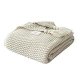 Moonlove Original Knitted Sofa Blanket Throw Cozy Bed Throw Blanket With Tassel Poms Poms for Office Chair Couch Sofa Conditioning Room, 110x150cm, Beige