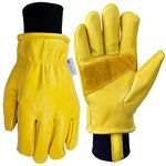 Winter Work Gloves for Men, Windproof Cowhide Insulated Leather Work Gloves for Driving Working, Water Resistant Warm Thermal Gloves for Keep Warm (Large) (Large, Yellow)