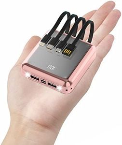 Portable Charger with Built in Cables, Power Bank with Cords Wires Small 10000mAh Travel Battery Pack 5 Outputs 2 Inputs LED Display Battery Pack for Samsung Google Pixel LG Moto iPhone iPad (Pink)