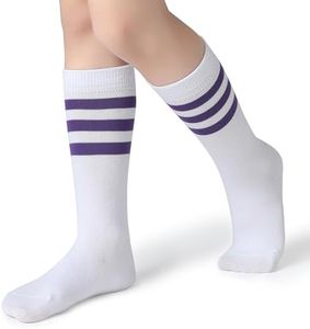 Pareberry Boys Girls Over the Calf Striped Tube Socks Cotton Soft Retro Athletics Socks for Kids Age 4-9 (US, Age, 4 Years, 6 Years, A04-Purple/White)