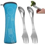 2 Pcs 3-in-1 Camping Spoon Fork Cutlery, Portable and Reusable Camping Fork Knife, Lightweight Metal Silverware with Storage Pouch for Picnic, Backpacking, Hiking,Outdoors