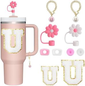 BABORUI 10Pcs Cup Accessories for Stanley Cup 40oz&30oz, Personalized Decoration with Straw Cover Cap, Spill Stopper, Embroidered Letter Sticker and Letter Charms, Initial Name ID for Stanley (U)