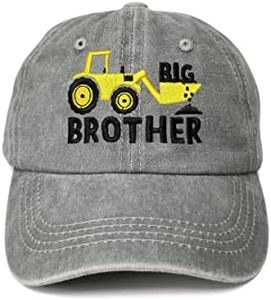 Enodtter Big Brother Gifts for Toddler Boy, Big Bro Hat with Embroidered Excavator, Washed Gray Baseball Cap for Child Youth