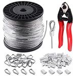 Glarks 72Pcs 1/8" 300ft Stainless Steel Wire Rope Cable Set Includes 8" Heavy Duty Cable Cutter and 50Pcs Aluminum Crimping Loop Sleeve with 20Pcs M3 Wire Rope Thimbles Set for DIY Deck Stair Rail