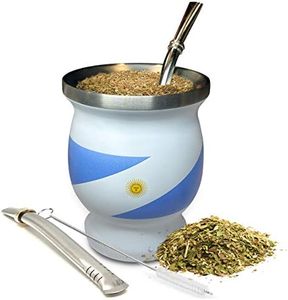 Norte Yerba Mate Natural Gourd/Tea Cup Set Argentinian Flag/Argentina, Includes 2 Bombillas (Yerba Mate Straws) & Cleaning Brush, Stainless Steel, Double-Walled, (Original Traditional Mate Cup - 8 oz)