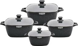 Royalford 4Pcs Die Cast Aluminium Stockpot Set with Glass Lid & Non-Stick Granite Coating | Induction Safe Casserole Set, Cookware Pots | Large Cooking Stockpot, Suitable for Most Types of Hobs, Black