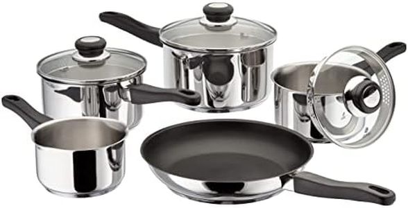 Judge Vista Draining Set of 5 Stainless Steel, 16cm 18cm 20cm Saucepans with Pouring Lip and Strainer Lids, 14cm Milk Pan, 26cm Non-Stick Frying Pan, Induction Ready, Oven Safe