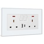 BSEED Double Socket 13A with 2 USB A and USB C 18W, Double Switched Socket 2 Gang UK Standard, Switched Outlet with Glass Panel, Electric Power Outlet White