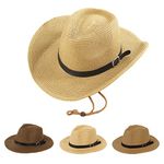 Natural Straw Cowboy Hat, Western Cowboy Cowgirl Floppy Sun Hats with Wide Brim, Vintage Style Unisex Fedora Panama Hat Beach Cap for Men Women (Cream Color)