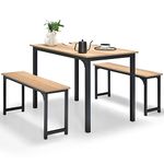 COSTWAY Dining Table Set with 2 Benches, 3 PCS Breakfast Table and Benches with Anti-slip Foot Pads, Space-Saving Kitchen Dinette Table Furniture Set for 4 People Small Space (Nature+Black)