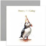 Old English Co. Puffin Happy Birthday Card for Her - Puffin Party Hat Birthday Card for Mum, Dad, Daughter, Son - Gold Foil Birthday Card for Women and Men | Blank Inside with Envelope