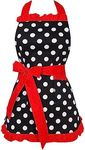 RosieLily Vintage Apron for Women Cute Retro Apron with Pockets Kitchen Apron for Cooking Baking Frilly Ruffle 50s Ladies Adjustable Cotton Polka Dot Delicate Hemline Black Red Holiday Christmas Apron