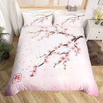 Cherry Blossoms Bedding Set Japanese Style Romantic Theme Pink Comforter Cover Set Botanical Floral Printed Duvet Cover with Zipper Ties Women Girls boys Couple Teen Soft Bedspread, King Size