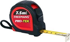 FREEMANS PRO-TEK 7.5m:25mm Steel Inchi Pocket Measuring Tape with Non Slip Rubber covered ABS case, Click-Action Front Lock, Pause Button, Hand Strap and Belt-Clip