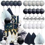 JeVenis Black Sliver Balls Cake Decoration Silver Palm Leaves Cake Decoration Goth Black Cake Topper for Birthday Wedding Baby Shower Bridal Shower