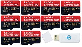 32GB SanDisk Extreme Pro (Ten Pack) 4K Micro Memory Card (SDSQXCG-032G-GN6MA) Class 10 U3 V30 A1 32G MicroSD HC SDHC Bundle with Everything But Stromboli Card Reader