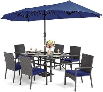 PHI VILLA 7 Piece Patio Dining Furniture Set with Umbrella, 60” Rectangular Metal Dining Table & 6 Cushioned Rattan Wicker Chairs & 13ft Large Blue Umbrella for Outdoor, Deck, Yard, Porch