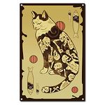 CREATCABIN Japanese Ninja Samurai Cat Tattoo Metal Tin Sign Retro Poster Plaque for Cafe Bar Pub Shop Decoration, 8 x 12 Inch