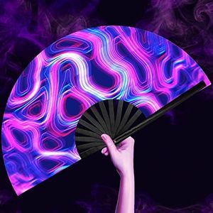 OMyTea UV Glow Rave Fan Foldable for Women/Men/Drag Queen - Large Clack Festival Folding Hand Fan - for EDM, Music Festival, Event, Party, Dance, Performance (Psychedelic Neon)