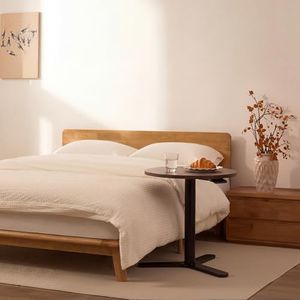 FLEXISPOT Hako Queen Solid Wood Platform Bed Frame & Adjustable Overbed Side Table Set, Storage Headboard with Charging Station, Gas Lift Height End Table for Bed & Sofa, Japanese Minimalist Design