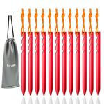 BIFUNIE Aluminum Tent Stakes Pegs, 12-Pack Aluminum Ground Pegs with Reflective Pull Ropes, Heavy Duty Tri-Beam Metal Stakes Pegs for Backpacking Camping Tents Hammocks and Canopy (Red)