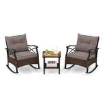 COSTWAY 3 PCS Garden Rocking Bistro Set, PE Rattan Furniture Set with 2-tier Coffee Table, Glider Armchairs and Cushions, Outdoor Wicker Conversation Sofa Table Set for Patio Yard Poolside